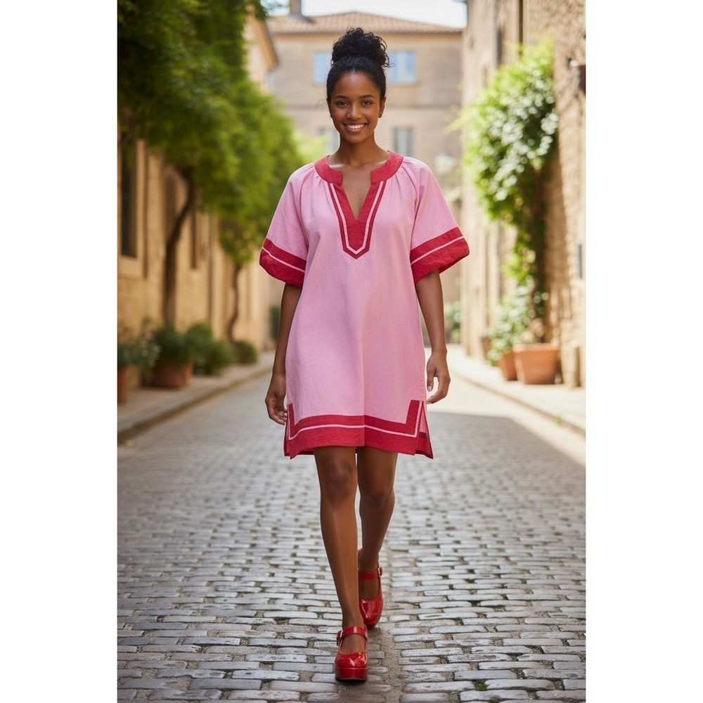 Fashion Pink Red Colorblock Cotton Tunic Mini Dress Short Puff Sleeve Small